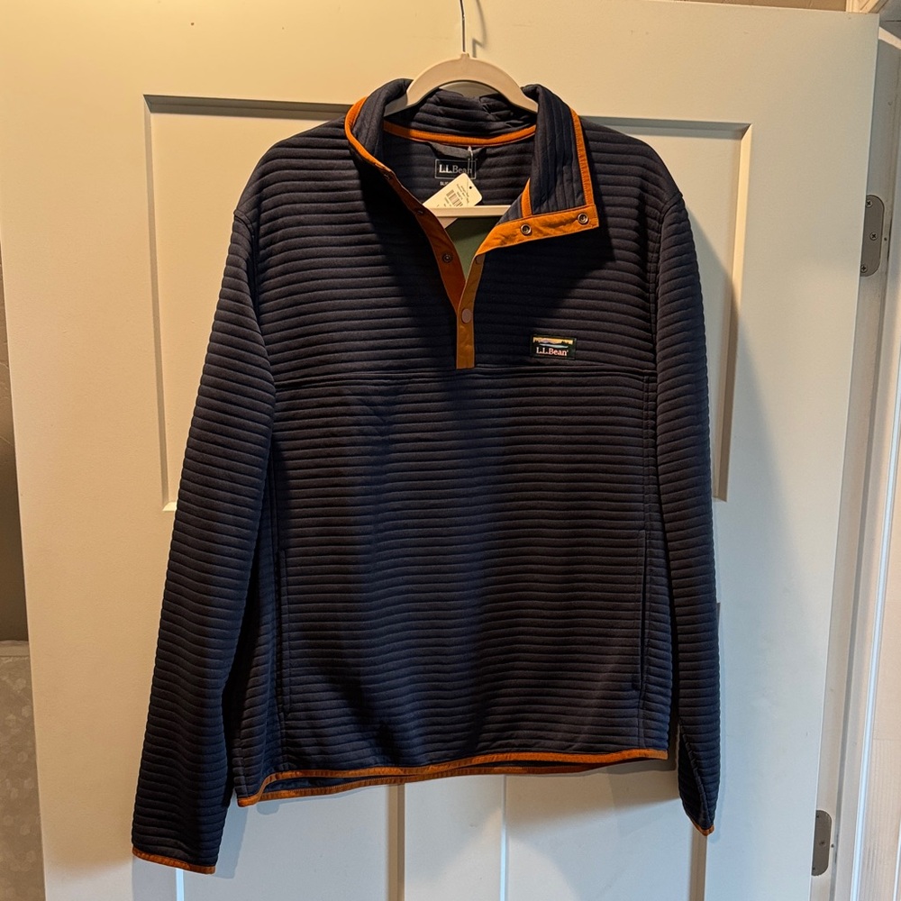 L.L. Bean Men's Dark Blue Zip-Up Sweater with Orange Trim
